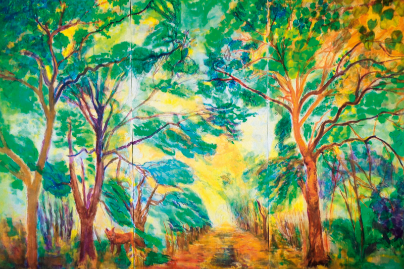 jeanett kipka, unter bäumen (dreiteilig) 2020, gouache auf papier, 300 x 200 cm